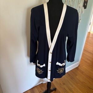 Vintage Navy Cardigan with White Trim and Gold Accents